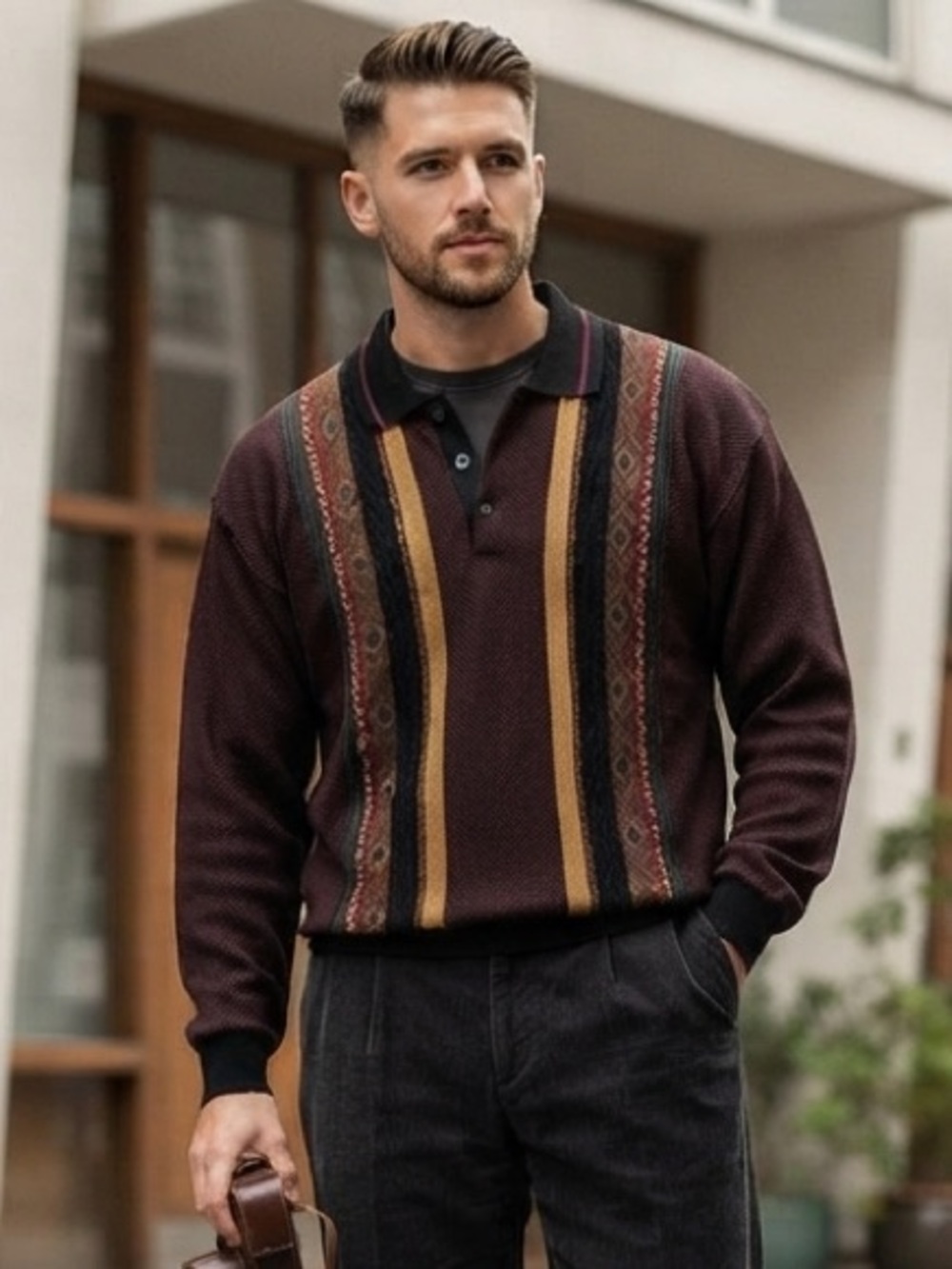 TUNDRA Canada Vintage Knit Polo Sweater in Black, Burgundy & Mustard